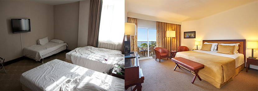 2 exemples, une photo claire d'un hôtel et une photo d'un hôtel en fouillis