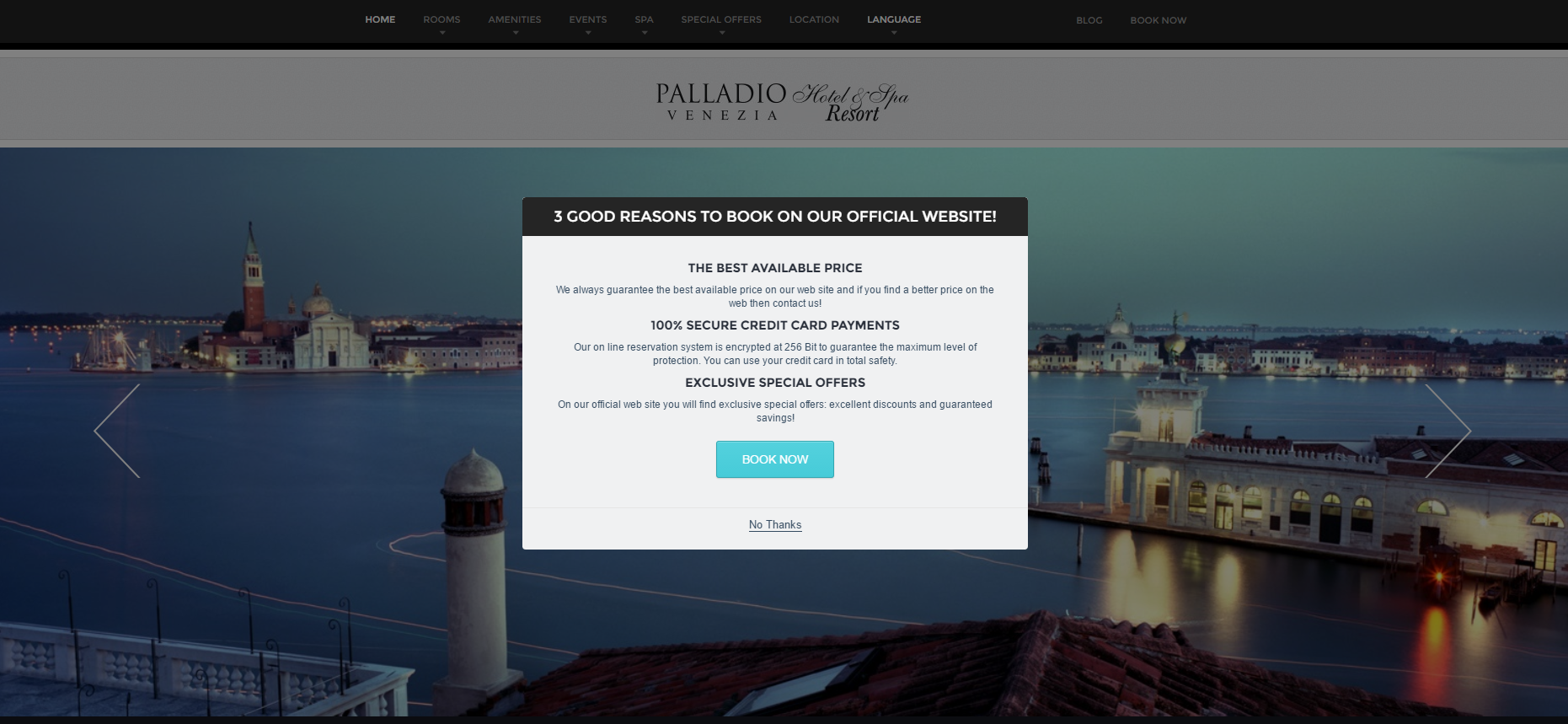 Página inicial do website do hotel Palladio