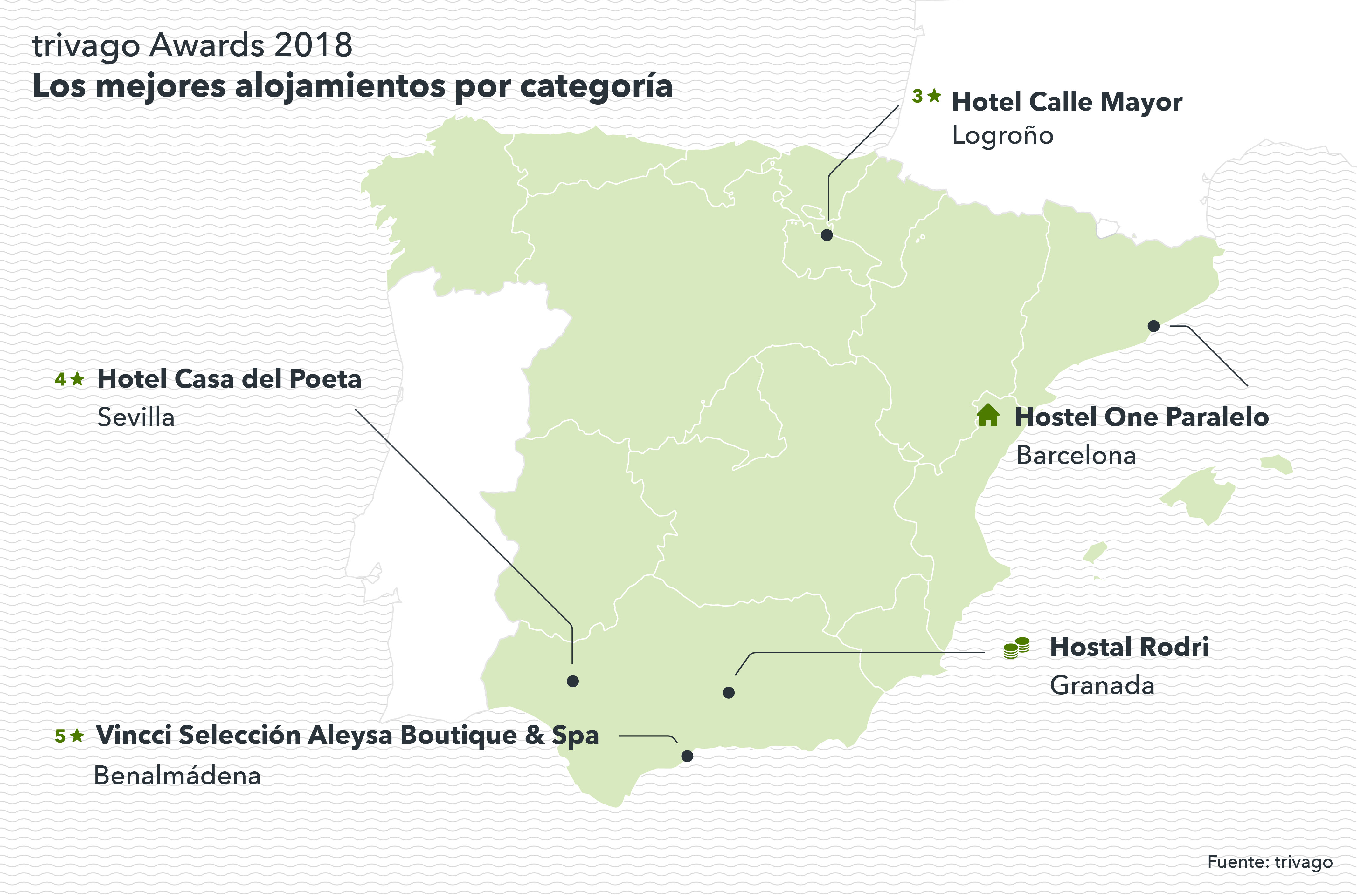 Mapa de España con los hoteles ganadores de los trivago Awards 2018