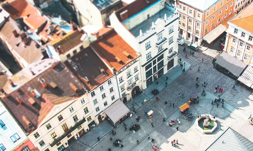 An areal view of a charming European city location
