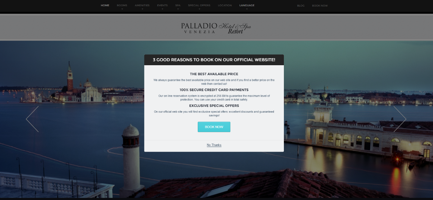 Página de inicio de la web del hotel The Palladio