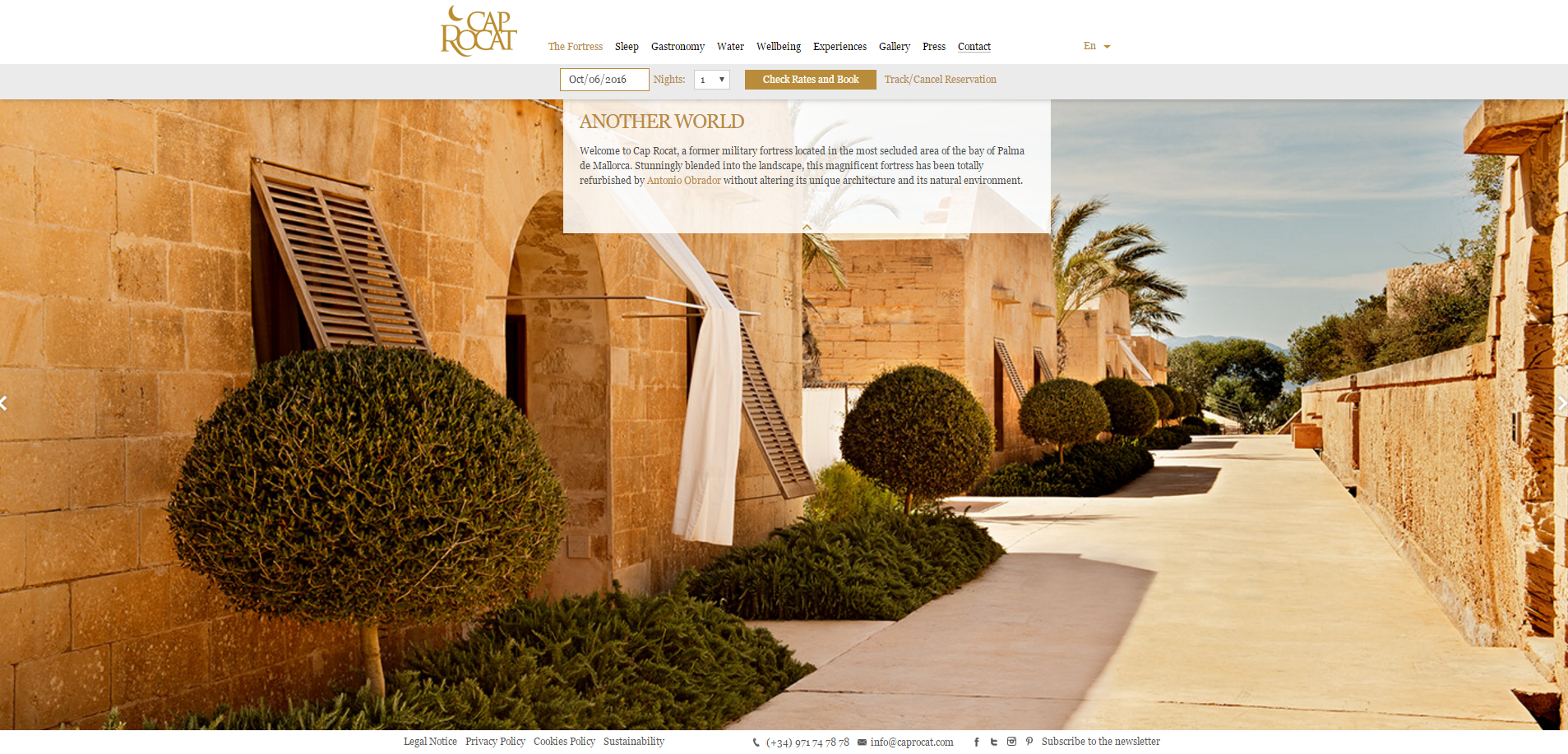 Página inicial do website do hotel Cap Rocat