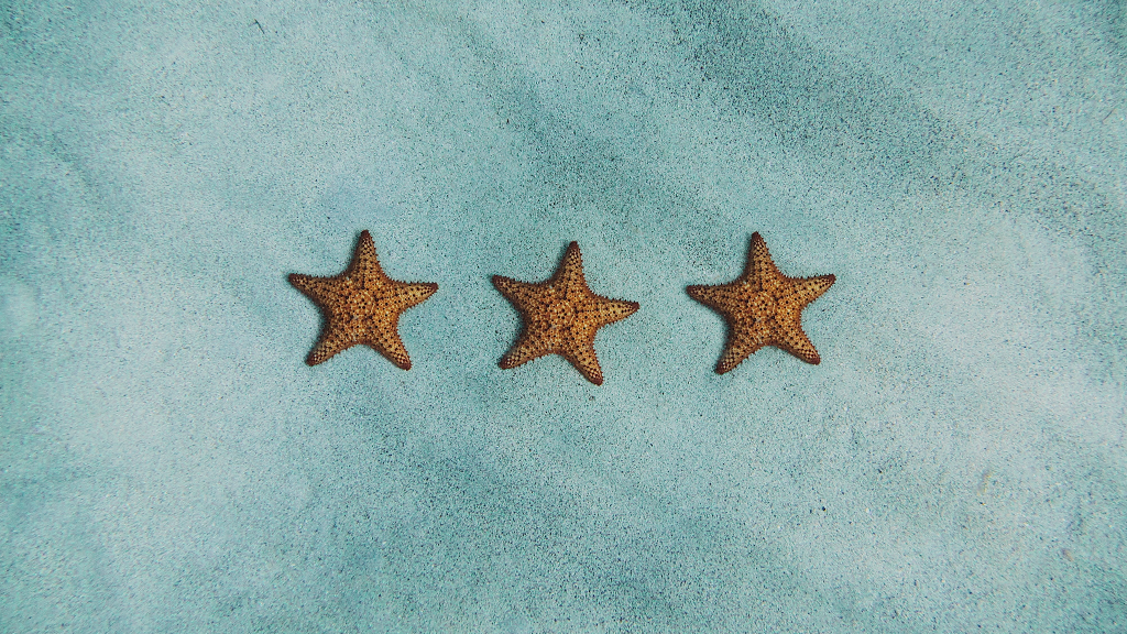 Tre stelle marine sulla sabbia, simili alle stelle degli hotel