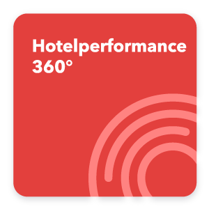 Illustration zu Hotelperformance 360 auf einem roten Hintergrund mit Halbkreisen