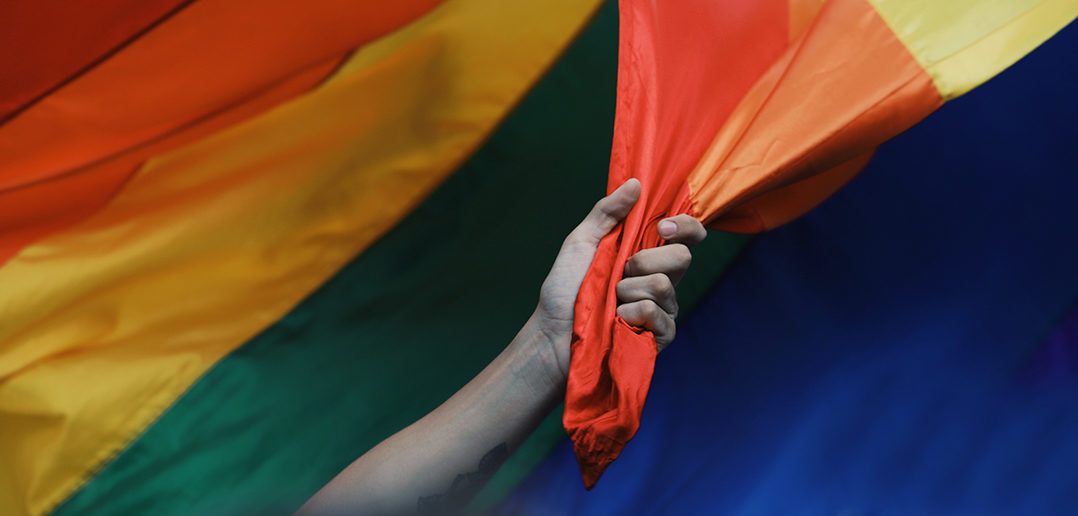 Una mano che tiene la bandiera LGBTQ